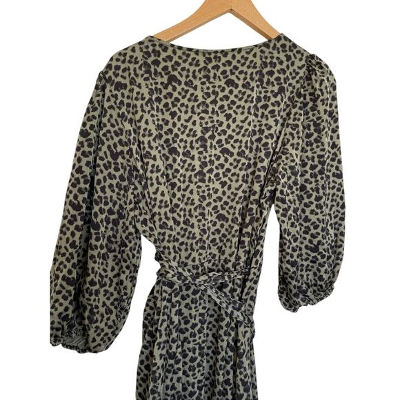 Good American Leopard Wrap Dress 5 XXL Military Green High Low Hem Puff Sleeve - Picture 8 of 12